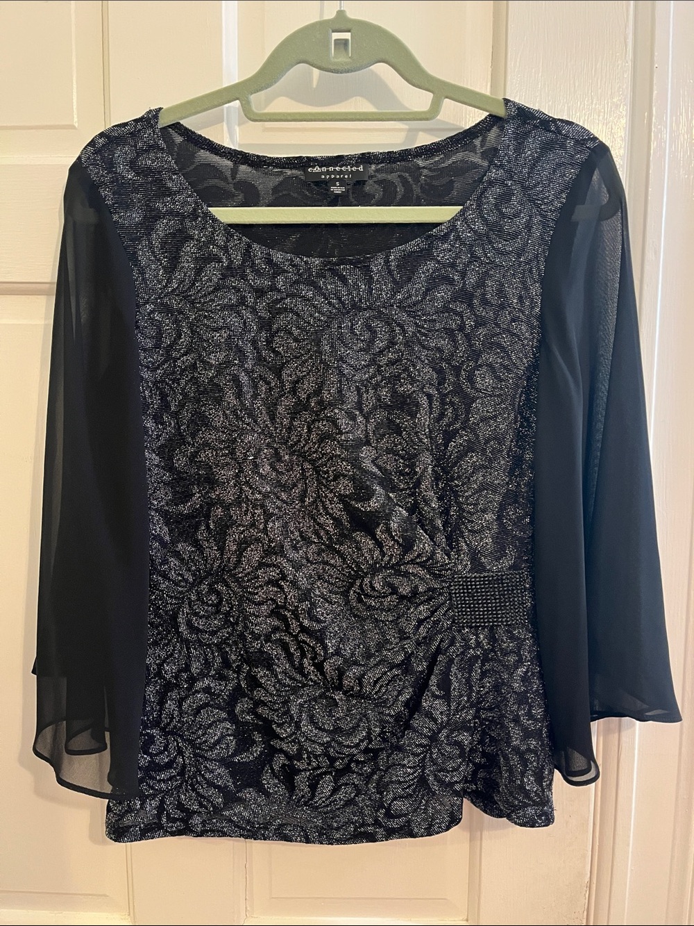 Y2K Connected Apparel Metallic Silver Floral Top Sheer Bell Sleeves S